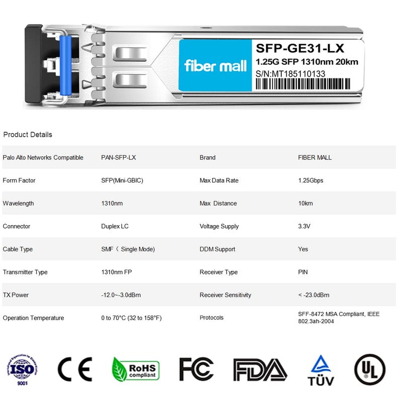 Fiber Mall 1G SFP LX for Palo Alto Networks PAN-SFP-LX 1000BASE-LX/LH SMF 1310nm 20km/10km LC DOM Transceiver Module - Image 3